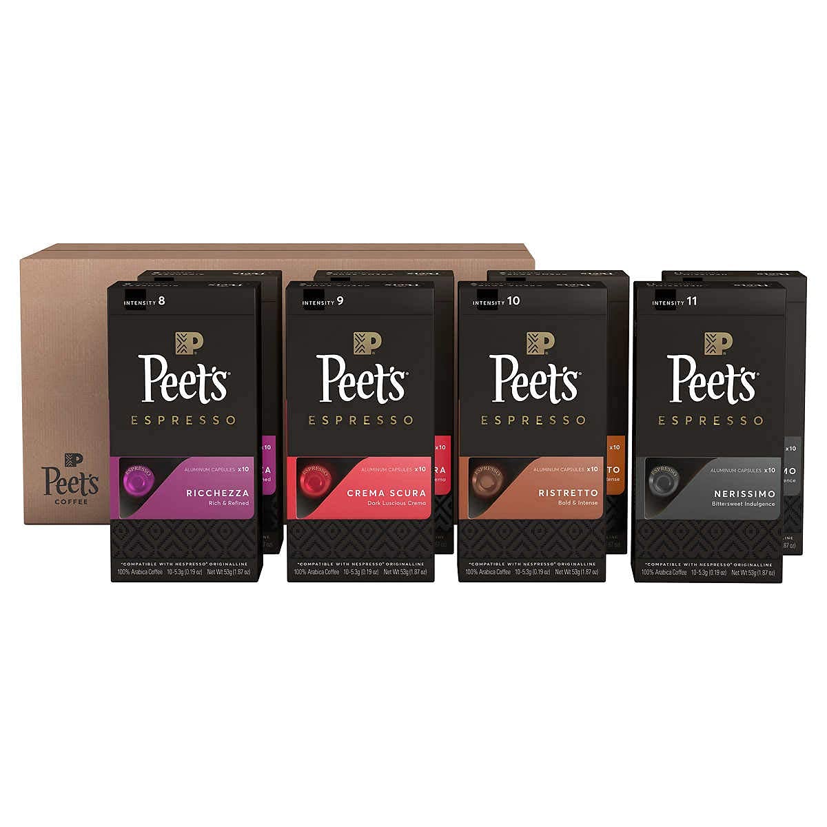 Peet's Coffee Gifts, Espresso Coffee Pods Variety Pack, Dark & Medium Roasts, Intensity 8-11, 40 Count (4 Boxes of 10 Espresso Capsules)