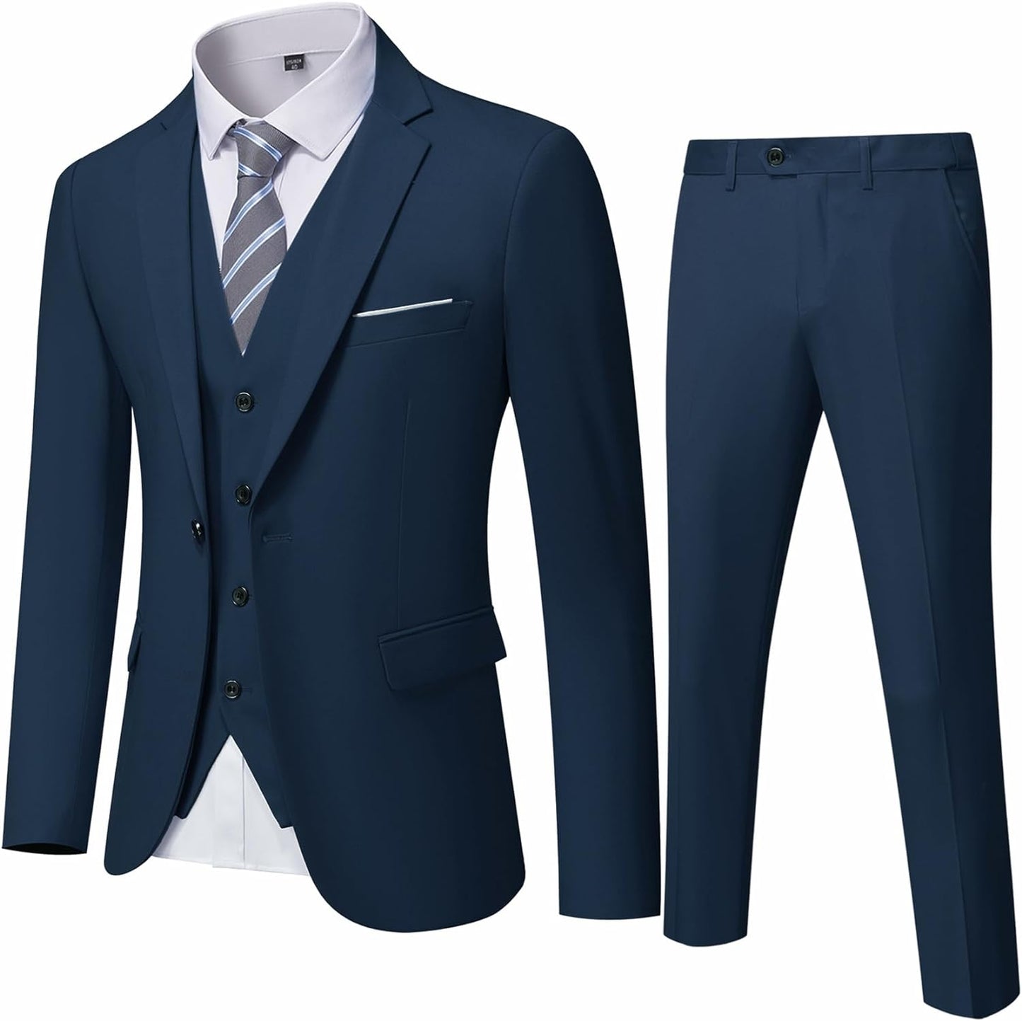 YND Men's Slim Fit 3 Piece Suit, One Button Solid Jacket Vest Pants Set with Tie