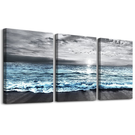 DZRWUBHS Wall Decorations For Living Room 3 Piece Framed Canvas Wall Art For Bedroom Office Wall Decor Black And White Beach Wall Painting Blue Ocean Wave Pictures Artwork Modern Posters Home Decor