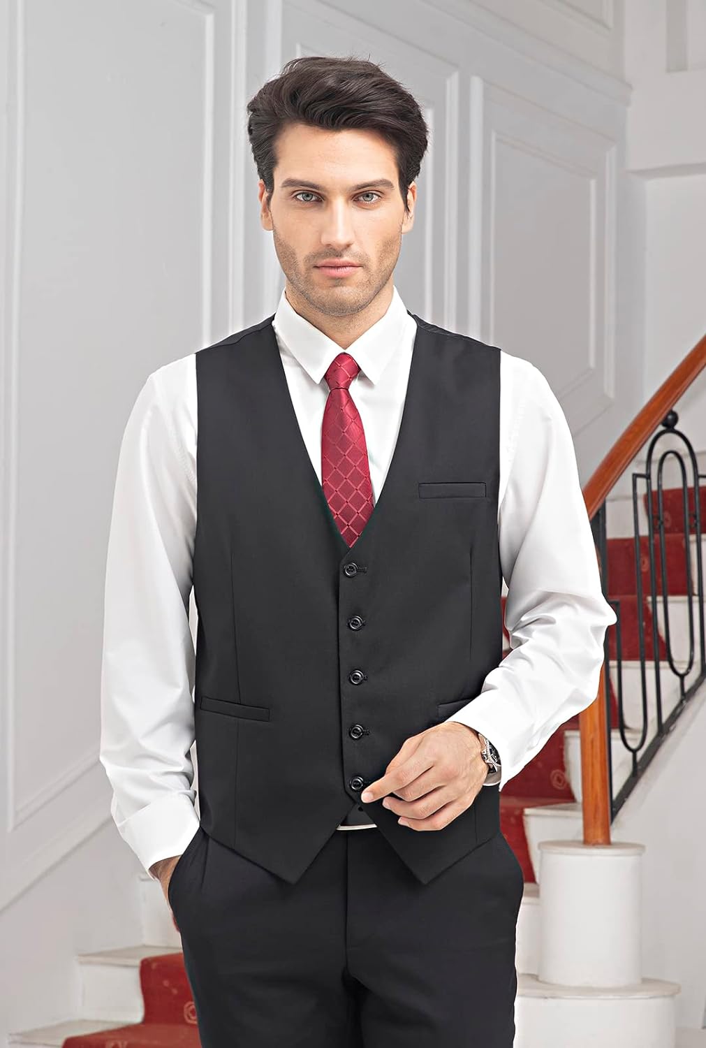 HISDERN Men's Suit Vest Business Formal Dress Waistcoat Vest with 3 Pockets for Suit or Tuxedo