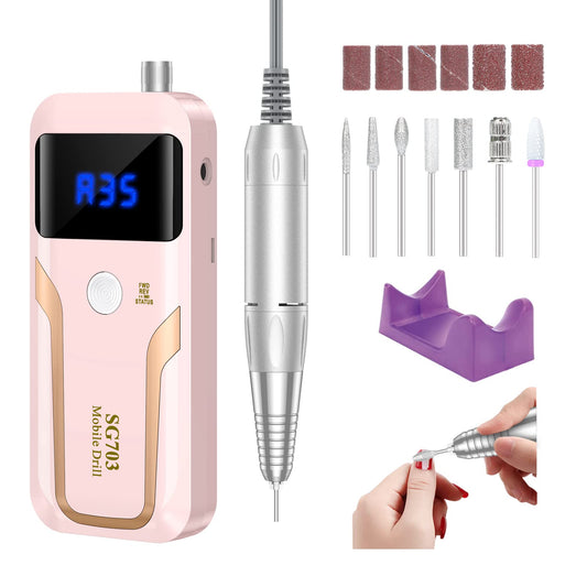 Portable Nail Drill Professional 35000 RPM, Rechargeable Electric Nail File Machine E File for Acrylic Nails Gel Polishing Removing, Cordless Efile with Bits Kit for Manicure Salon Home, Pink