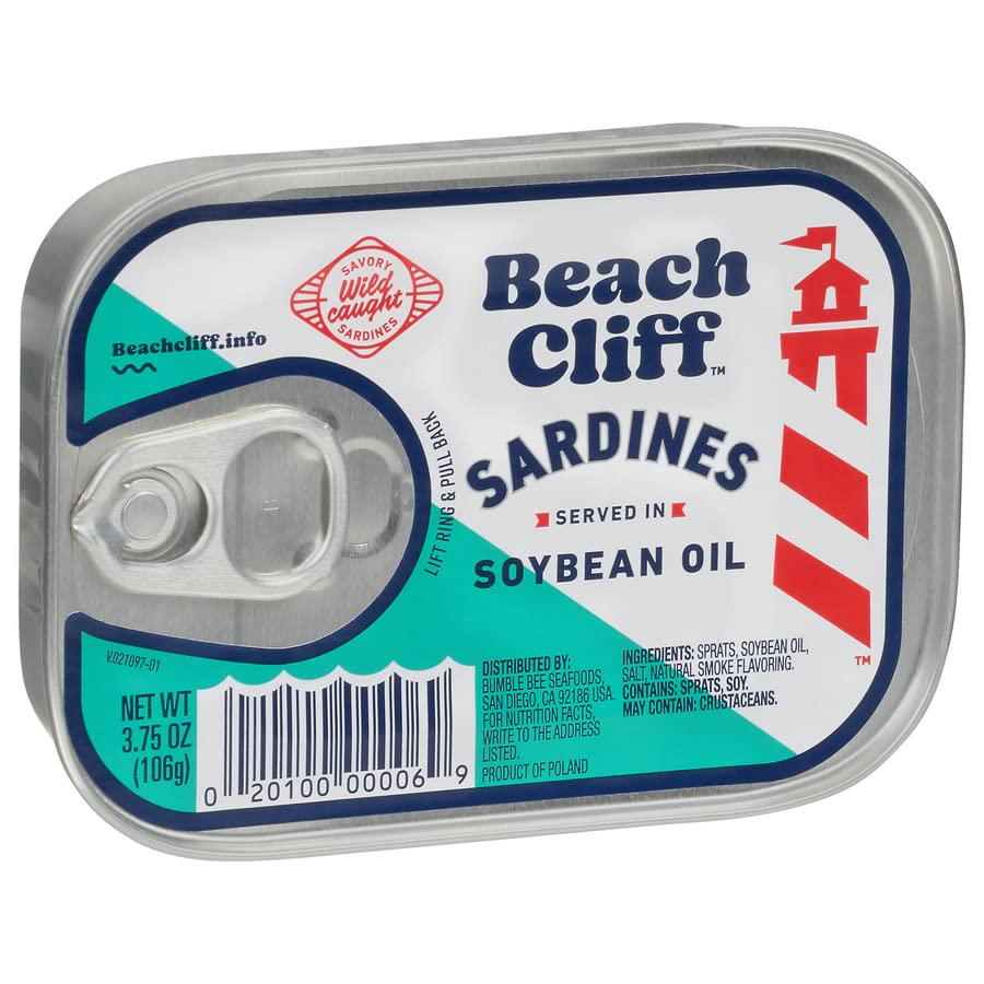 Beach Cliff Sardines in Water, 3.75 oz Can (Pack of 12) - Wild Caught Sardines - 12g Protein per Serving - Gluten Free, Keto Friendly - Great for Pasta & Seafood Recipes,