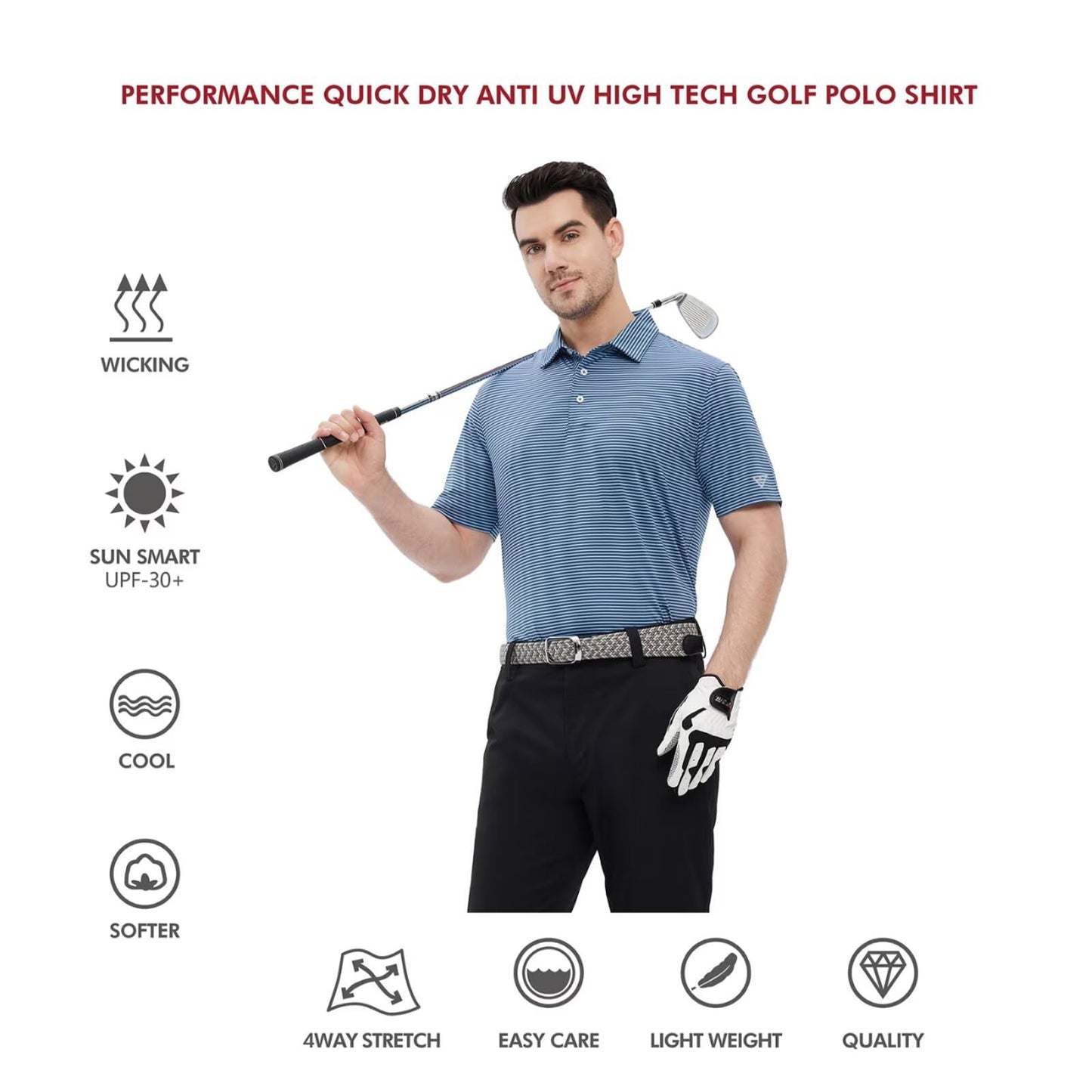 Men's Golf Polo Shirts Short Sleeve Striped Performance Moisture Wicking Dry Fit Golf Shirts for Men