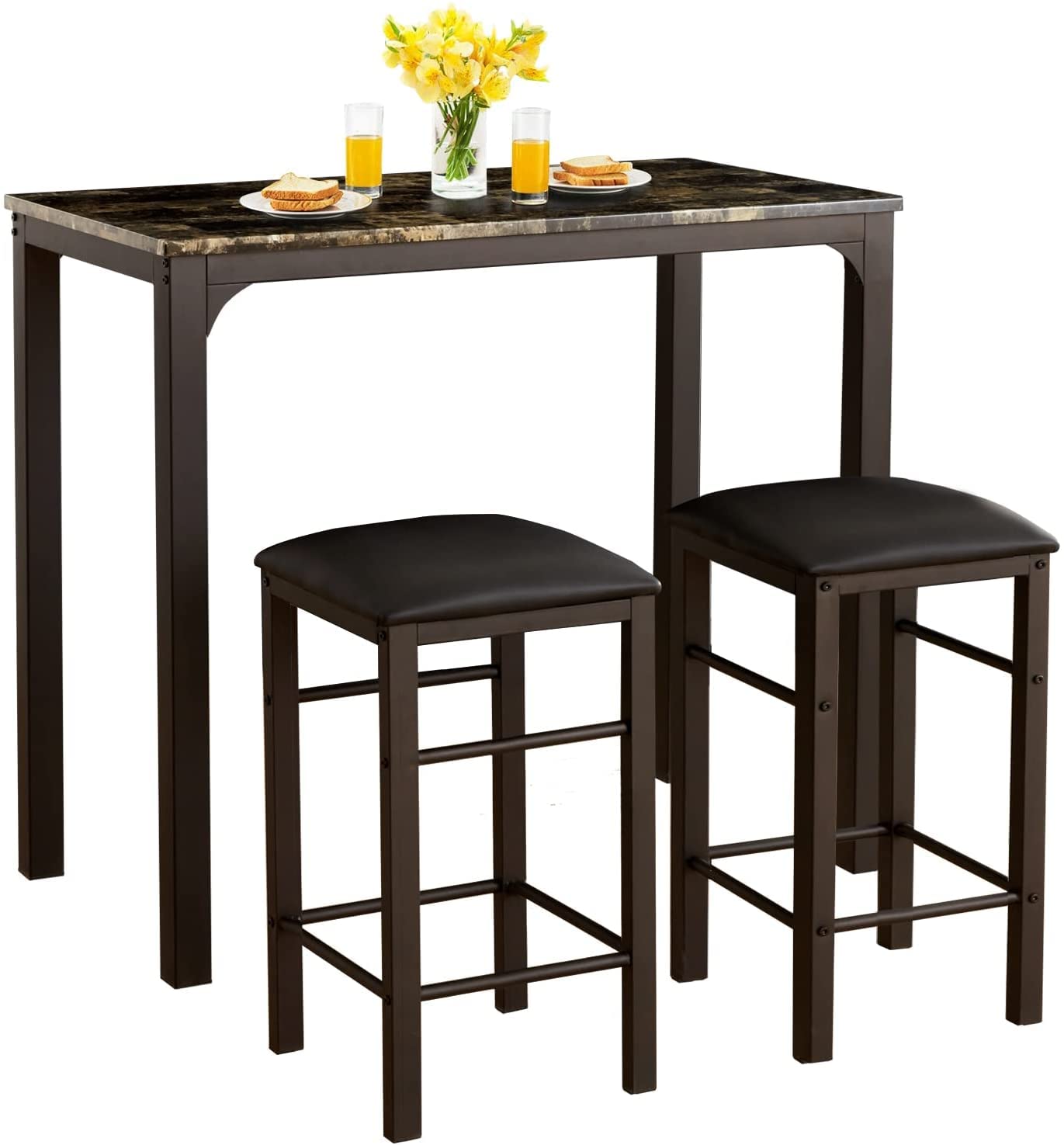 VECELO Kitchen Dining Room Table 2 Chairs for Small Space, Apartment,Metal Steel Frame, 3-Piece Set, Brown