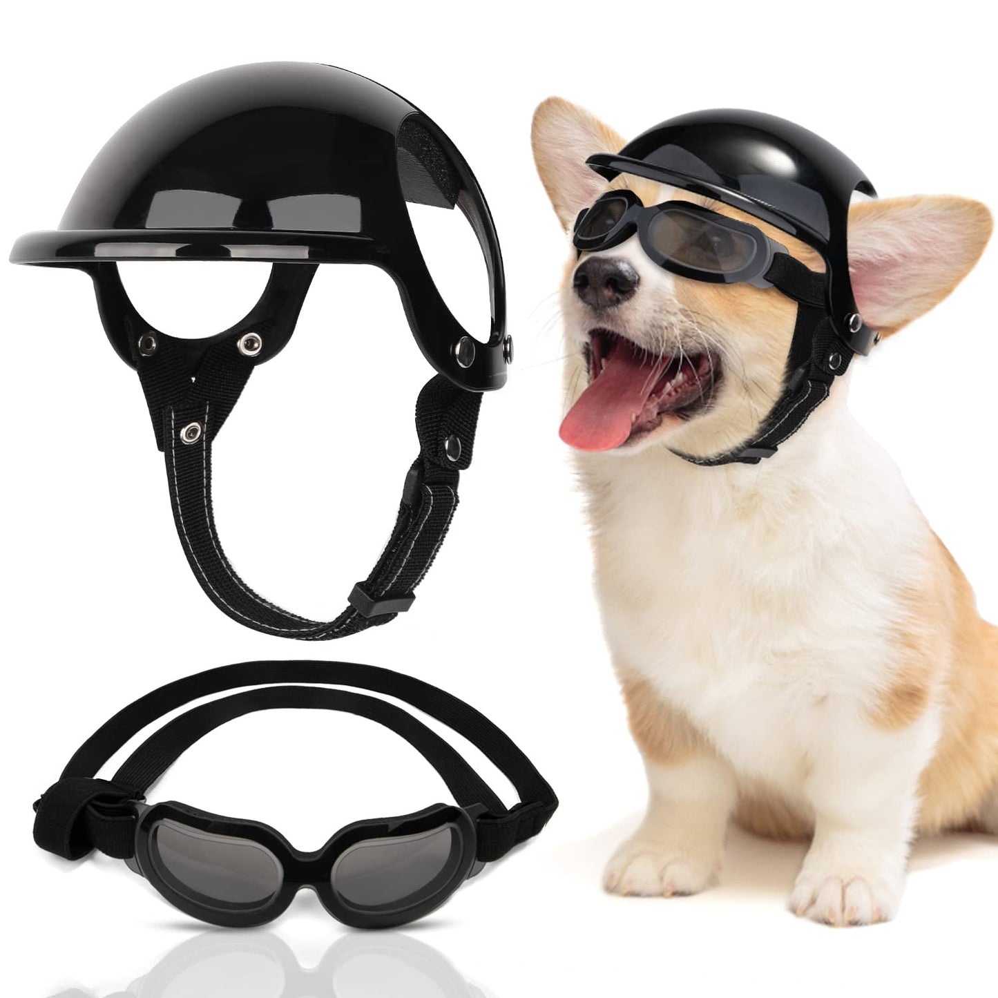 SlowTon Dog Helmet and Goggles - UV Protection Doggy Sunglasses Dog Glasses Pet Motorcycle Helmet Hat with Ear Holes Adjustable Belt Safety Hat for Small Medium Large Dogs Puppy Riding (Black, S)