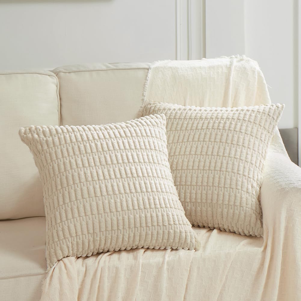 Fancy Homi 4 Packs Neutral Decorative Throw Pillow Covers 18x18 Inch for Living Room Couch Bed Sofa, Rustic Farmhouse Boho Home Decor, Soft Plush Striped Corduroy Square Cushion Case 45x45 cm