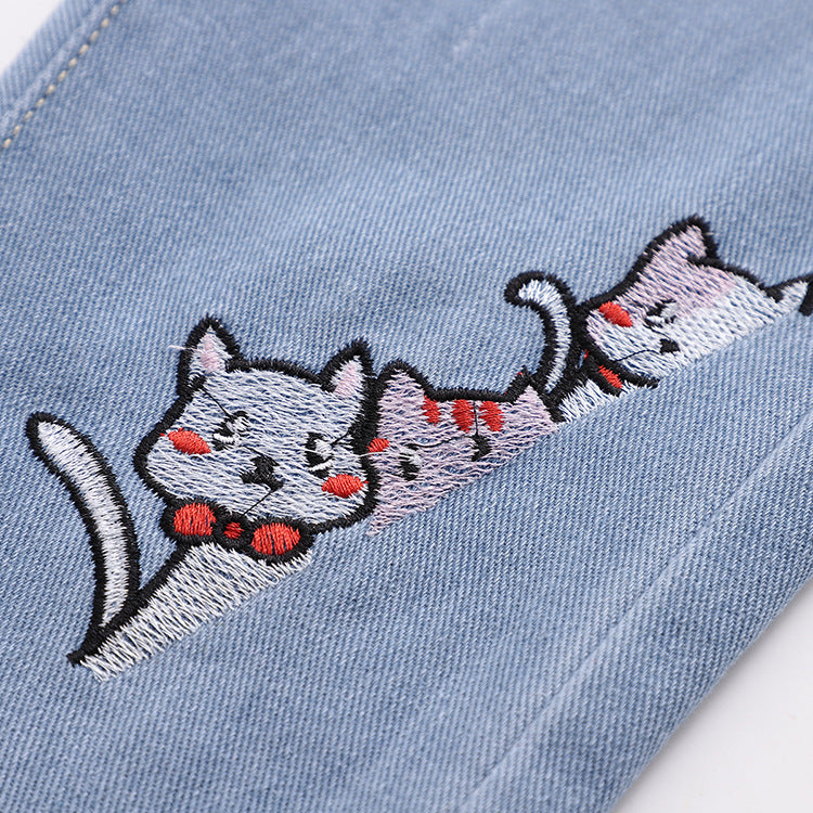 Fashion Embroidered Cat Denim Trousers For Women