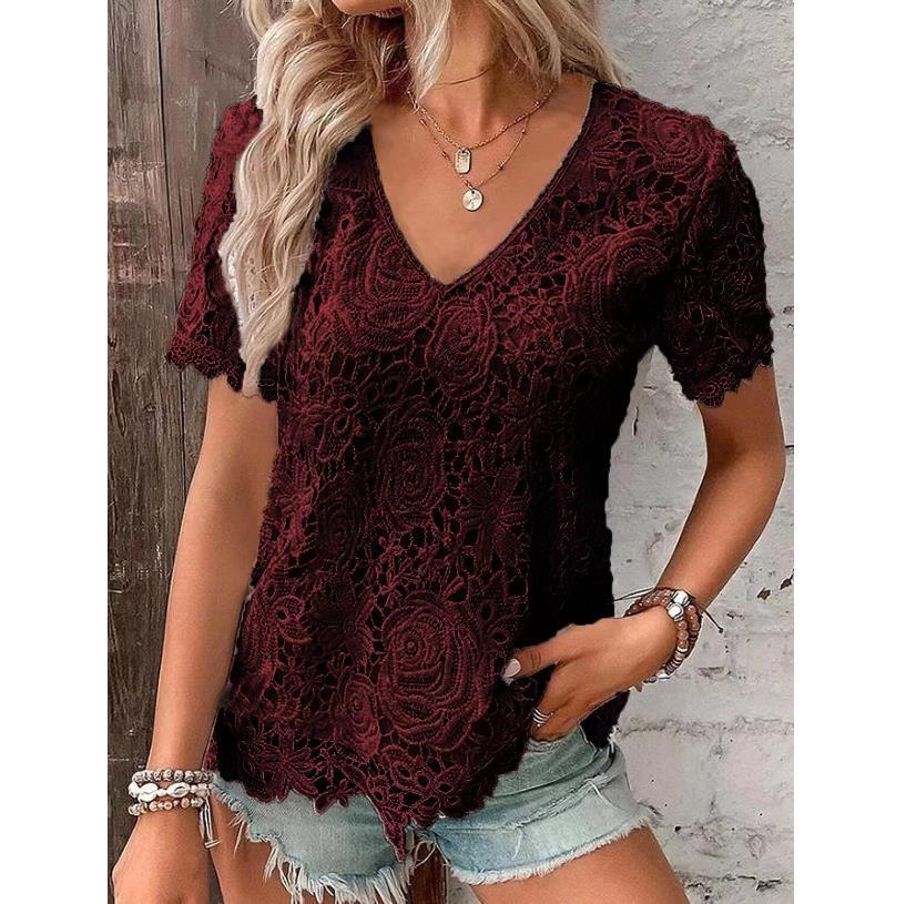 Short Sleeve Lace V-neck Loose Sweet Stripe T-shirt