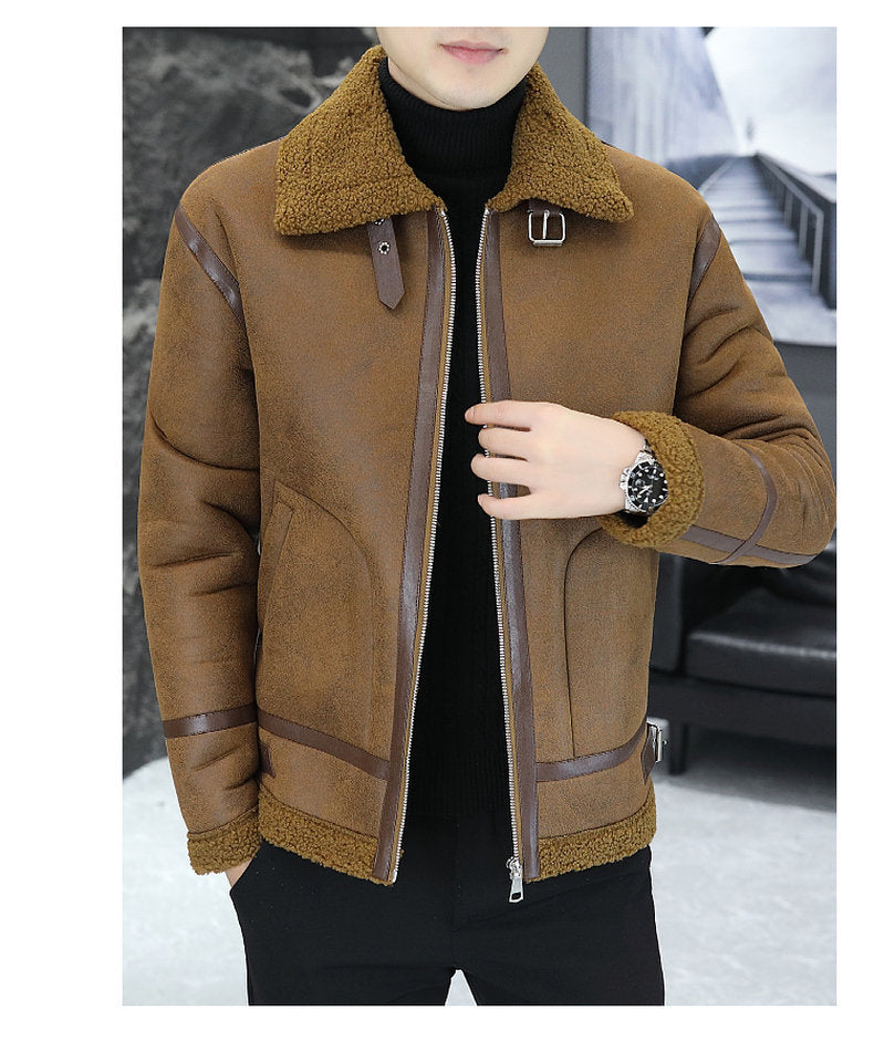 Men's Winter Fleece-lined Thick Suede Leather Jacket