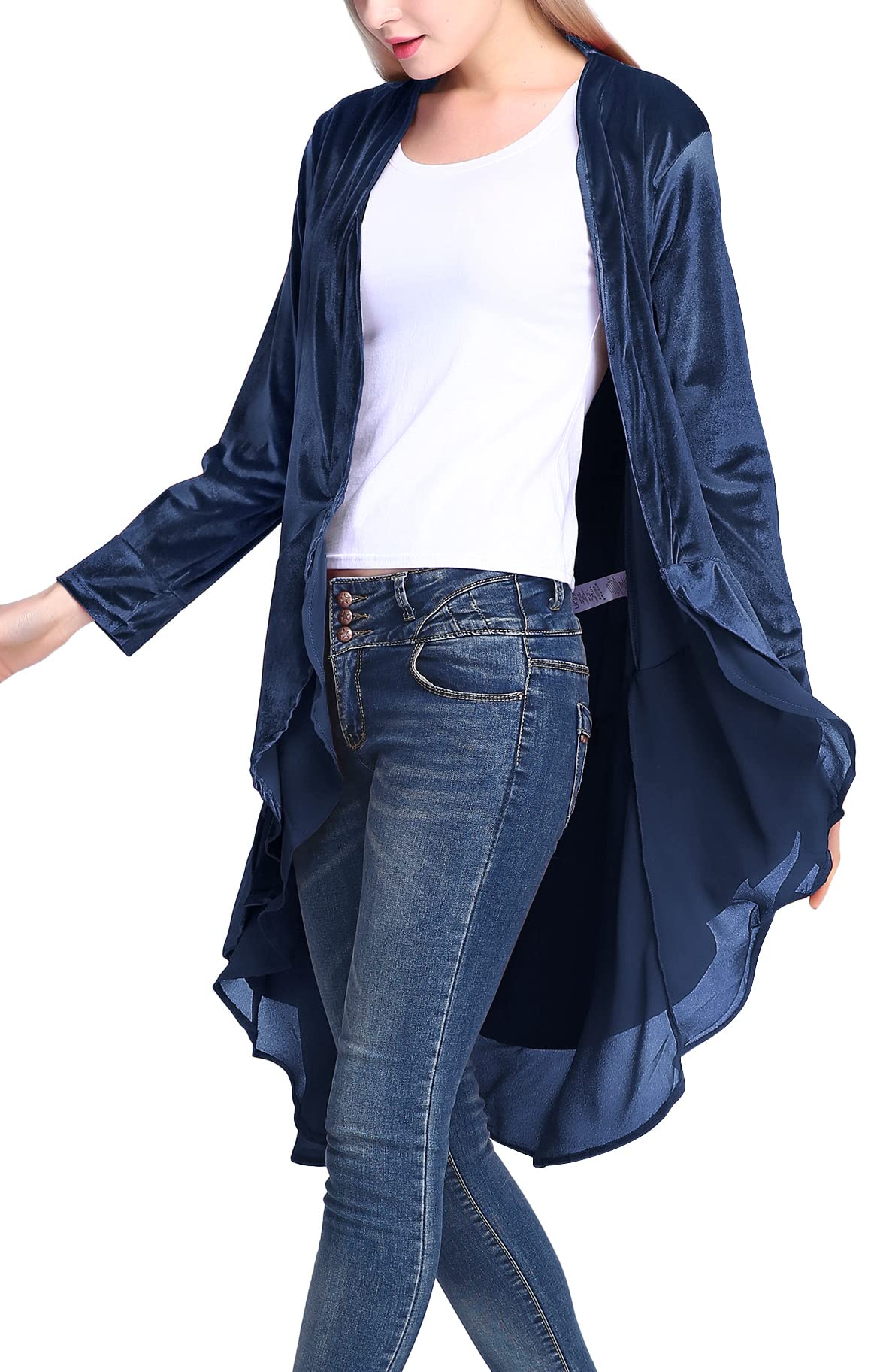 Urban CoCo Women's Long Sleeve Velvet Cardigan Coat with Asymmetric Chiffon Hem