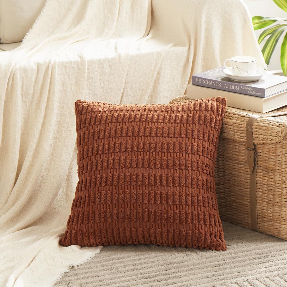 Fancy Homi 4 Packs Neutral Decorative Throw Pillow Covers 18x18 Inch for Living Room Couch Bed Sofa, Rustic Farmhouse Boho Home Decor, Soft Plush Striped Corduroy Square Cushion Case 45x45 cm