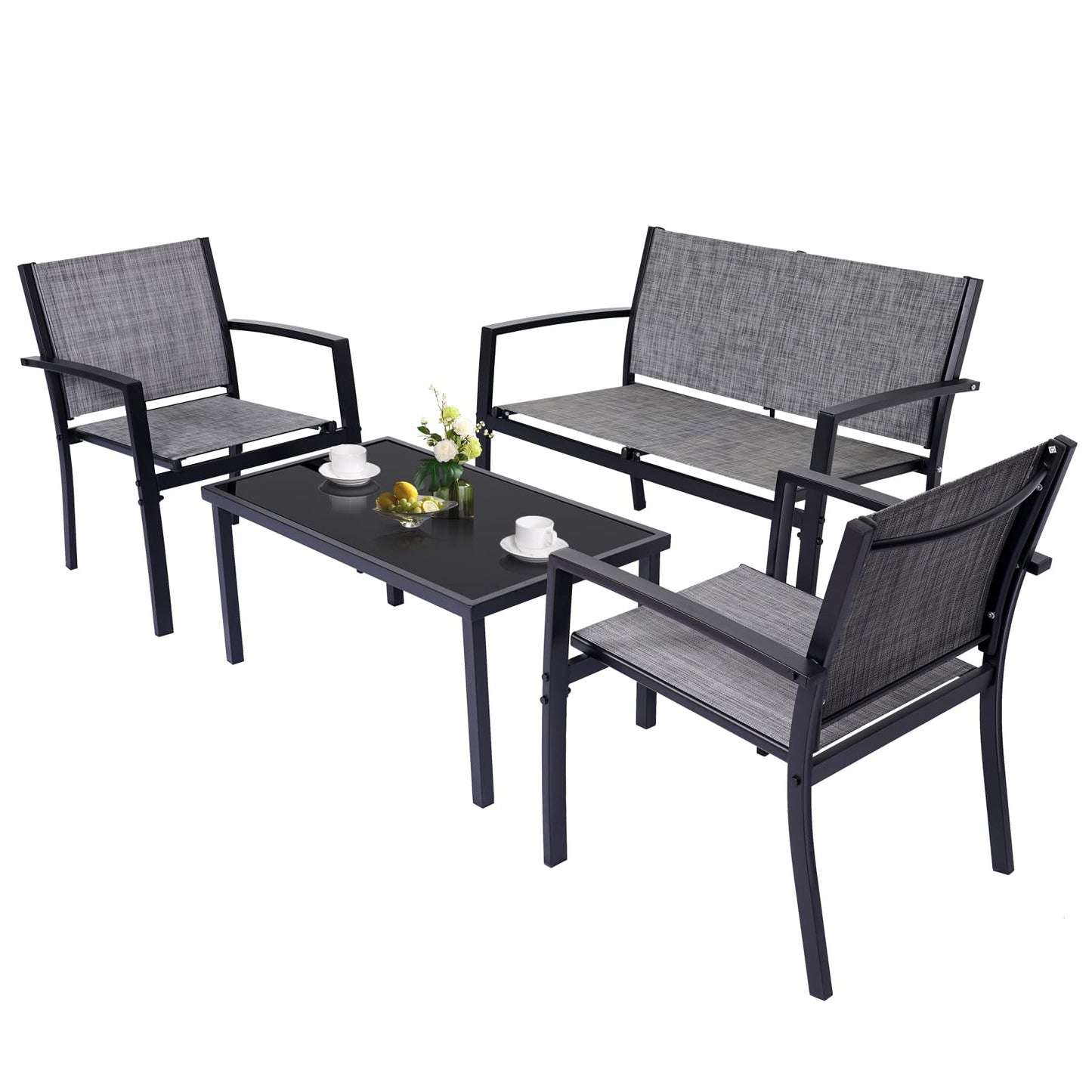 PAIQIAN 4 Pieces Patio Furniture Set Outdoor Garden Patio Conversation Sets Poolside Lawn Chairs with Tempered Glass Coffee Table Loveseat Porch Furniture Textilene Fabric Grey