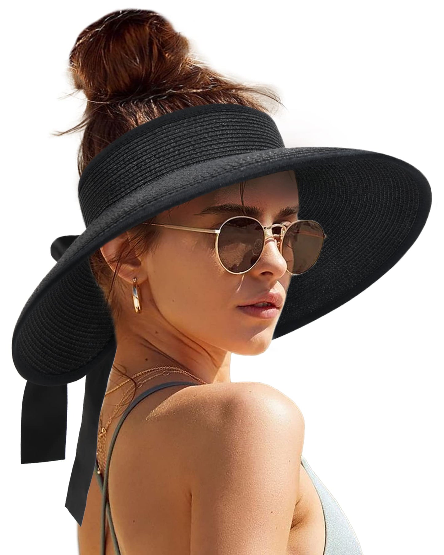 Camptrace UPF 50+ Sun Visors for Women Wide Brim Beach Hat Foldable Straw Visor Hat Ponytail Summer Packable