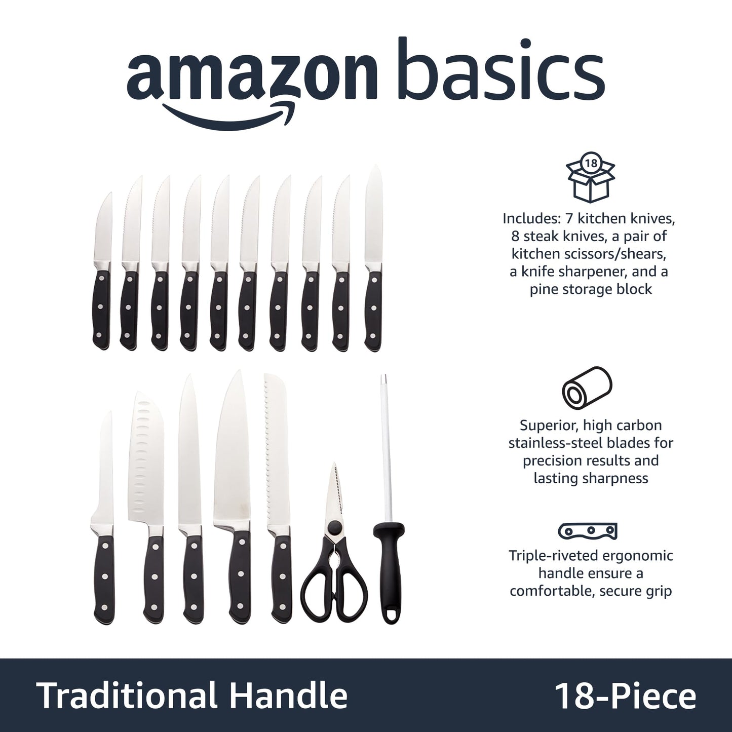 Amazon Basics 14-Piece Kitchen Knife Set with High-Carbon Stainless-Steel Blades and Pine Wood Block, Black