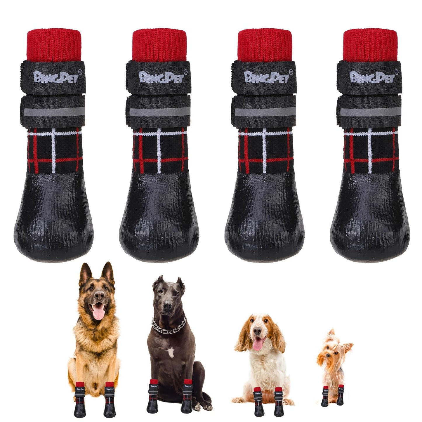 BINGPET Anti-Slip Dog Socks for Hardwood Floors, Injury Prevent Licking Dog Booties, Traction Control Paw Protector Dog Shoes for Hot Pavement with Reflective Straps for Small Medium Large Dogs