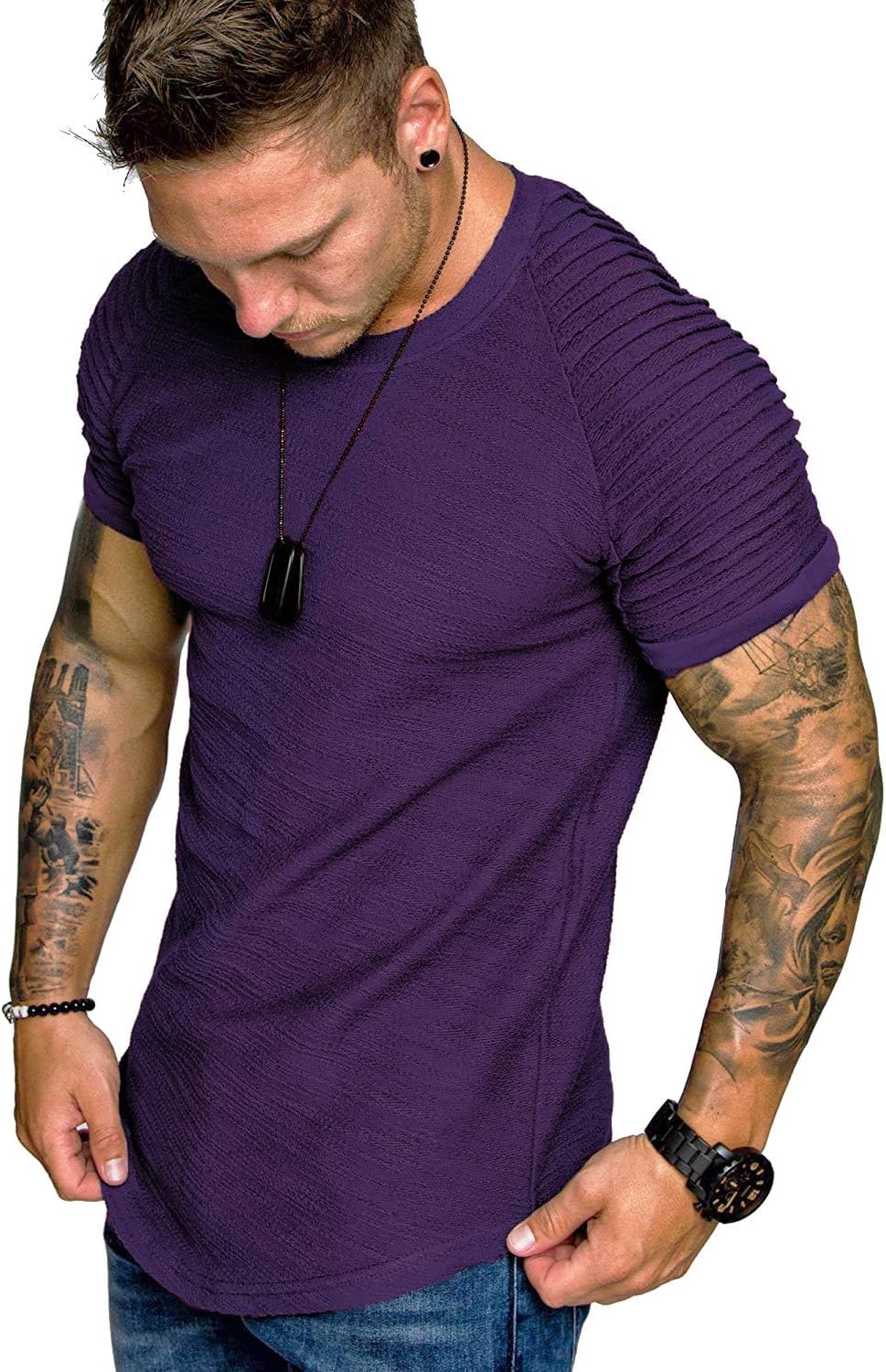 COOFANDY Men's Muscle T-Shirt Pleated Raglan Sleeve Bodybuilding Gym Tee Short Sleeve Fashion Workout Shirts Hipster Shirt