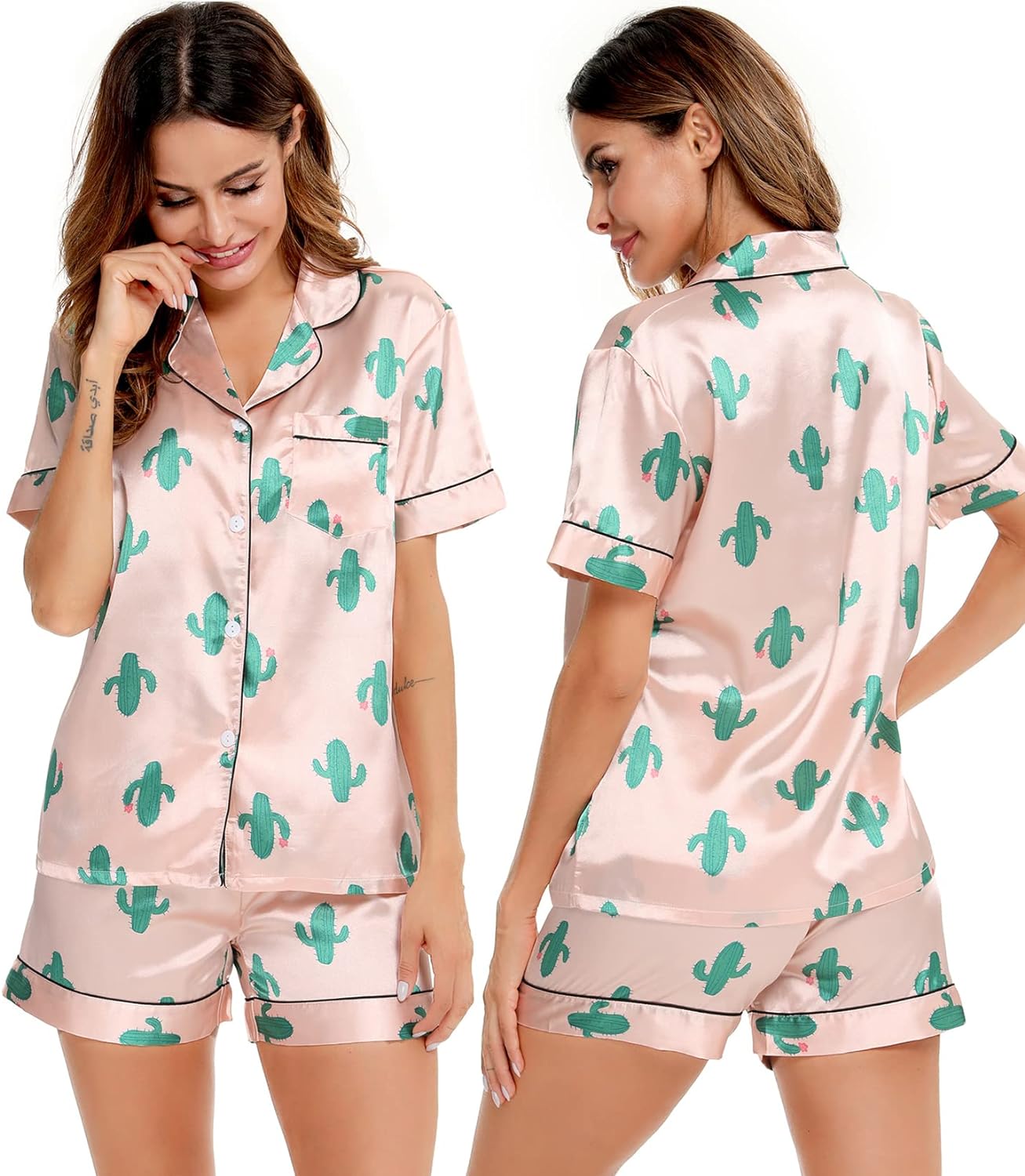 SWOMOG Womens Silk Satin Pajamas Set Two-piece Pj Sets Sleepwear Loungewear Button-Down Pj Sets