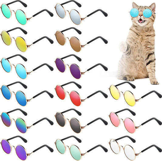 15 Pieces Small Pet Sunglasses Retro Dog Sunglasses Round Metal Puppy Sunglasses Cosplay Glasses Photo Props Eyewear for Cats and Small to Medium Sized Dogs