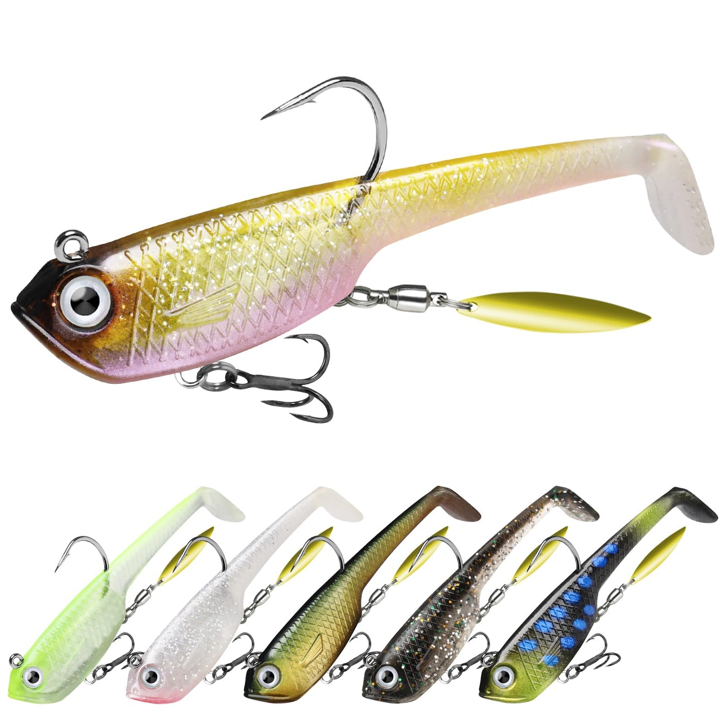 TRUSCEND Pre-Rigged Soft Fishing Lures, Well-Made Easy Catching Lures for Family Fishing, Great Action Swimbait with Spinner, All-Conditions Fishing Gear for Bass Trout Walleye, Crappie Fishing Jigs