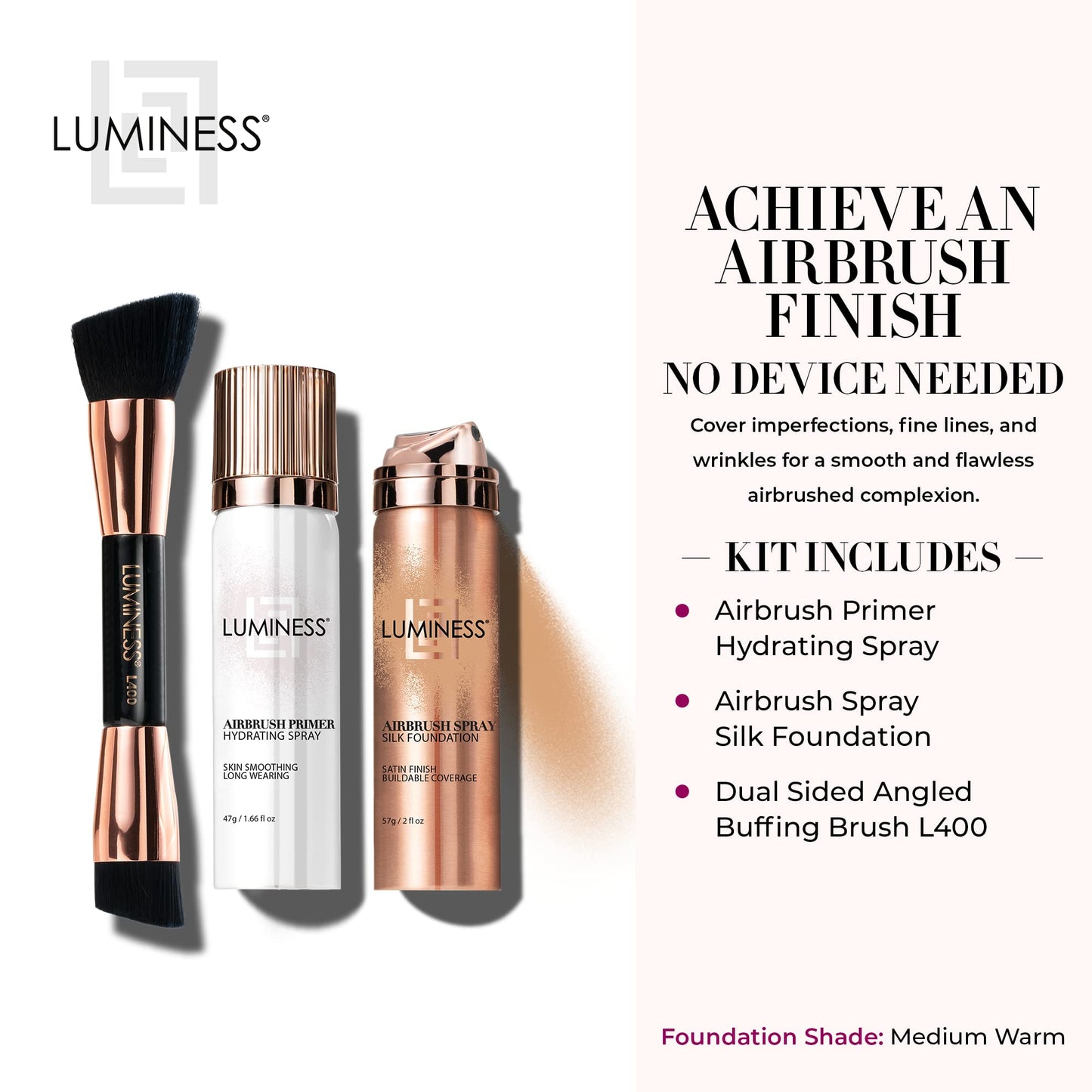 LUMINESS Airbrush Spray Silk Foundation Starter Kit - Medium Dark - Foundation, Primer & Dual-Sided Angled Buffing Brush - Medium, Buildable Coverage, Anti-Aging Formula Hydrates & Moisturizes