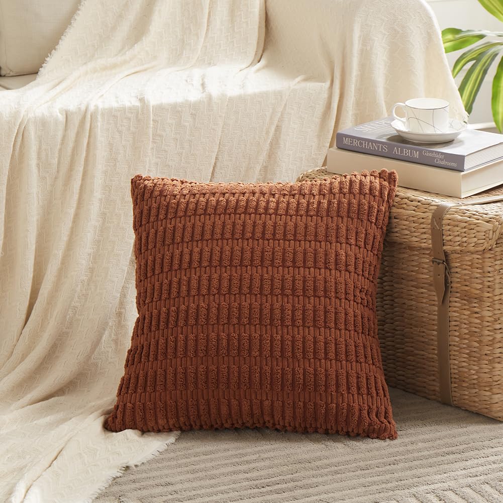 Fancy Homi 4 Packs Neutral Decorative Throw Pillow Covers 18x18 Inch for Living Room Couch Bed Sofa, Rustic Farmhouse Boho Home Decor, Soft Plush Striped Corduroy Square Cushion Case 45x45 cm