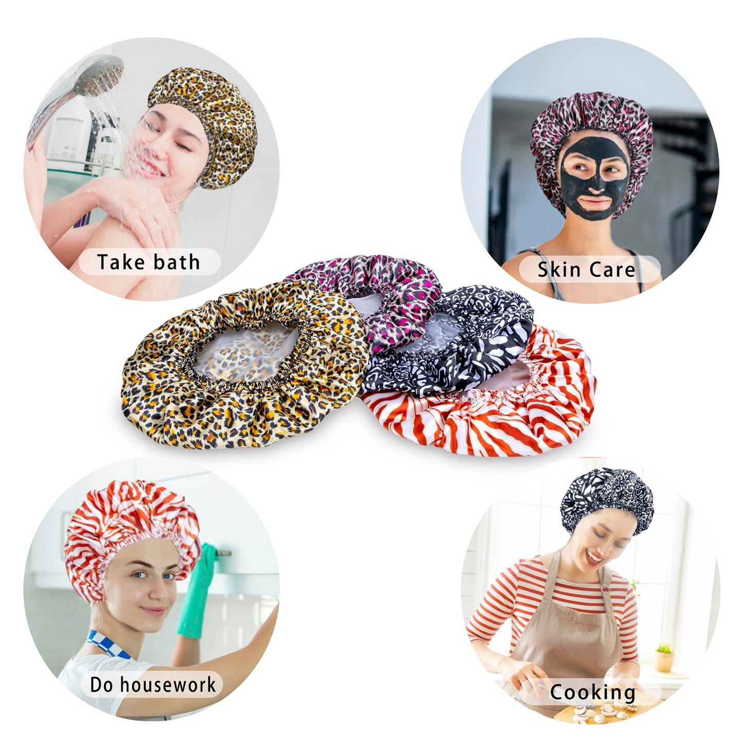 Shower Caps for Women, 4 PCS Elastic and Reusable Bath Caps, Double Waterproof Layers Shower Cap, Bathing Shower Caps, Environmental Protection Hair Bath Hat - Solid Color