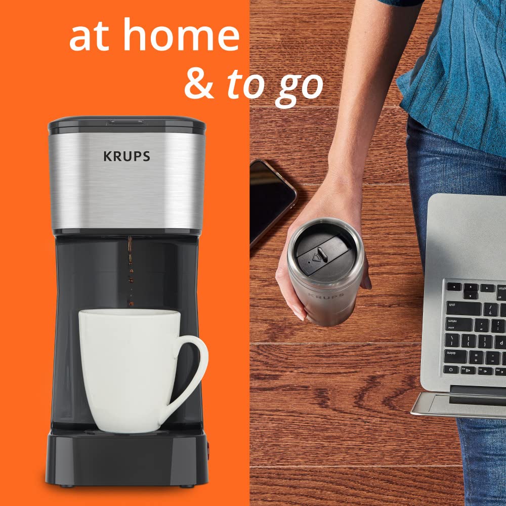 Krups, Coffee Maker, Simply Brew Stainless Steel 5 Cup, Keep Warm Function, Reusable Coffee Filter, Ultra Compact 650 Watts, Drip Free, Cold Brew, Dishwasher Safe Pot, Silver and Black