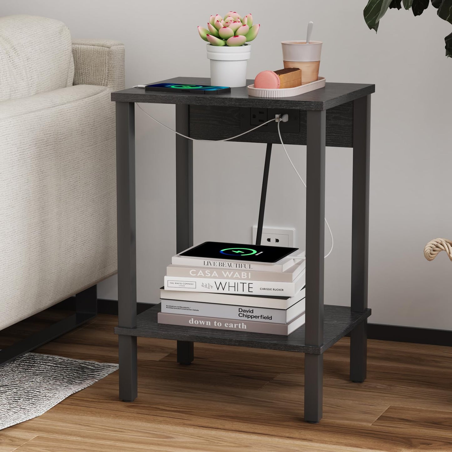 VIMBER Set of 2 End Table with Charging Station, Narrow Side Table with USB Ports and Outlets, Nightstands with 2-Tier Storage Shelves, Sofa Table for Small Space Living Room Bedroom, Grey