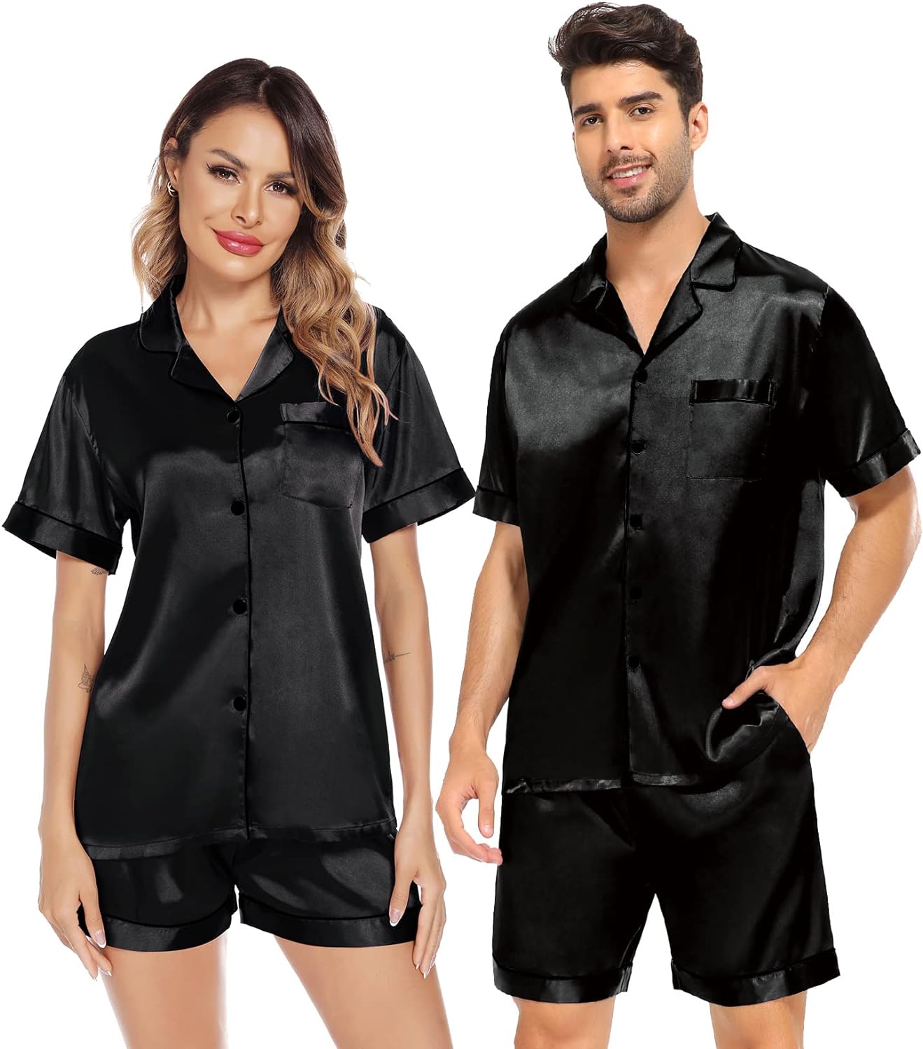 SWOMOG Satin Matching Pajamas Sets Couple Silk Button Down Nightwear Short Sleeve Sleepwear 2 Pieces Loungewear with Shorts