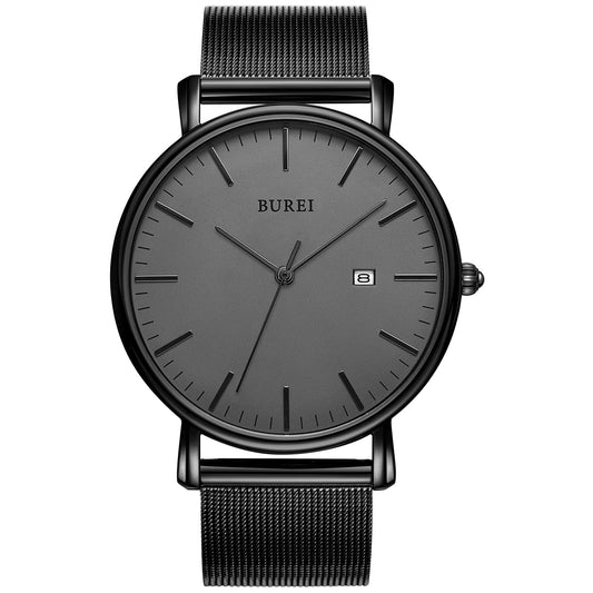 BUREI Men's Fashion Minimalist Wrist Watch Waterproof Watches Simple Ultra Thin Watches Analog Quartz Date with Stainless Steel Mesh Band