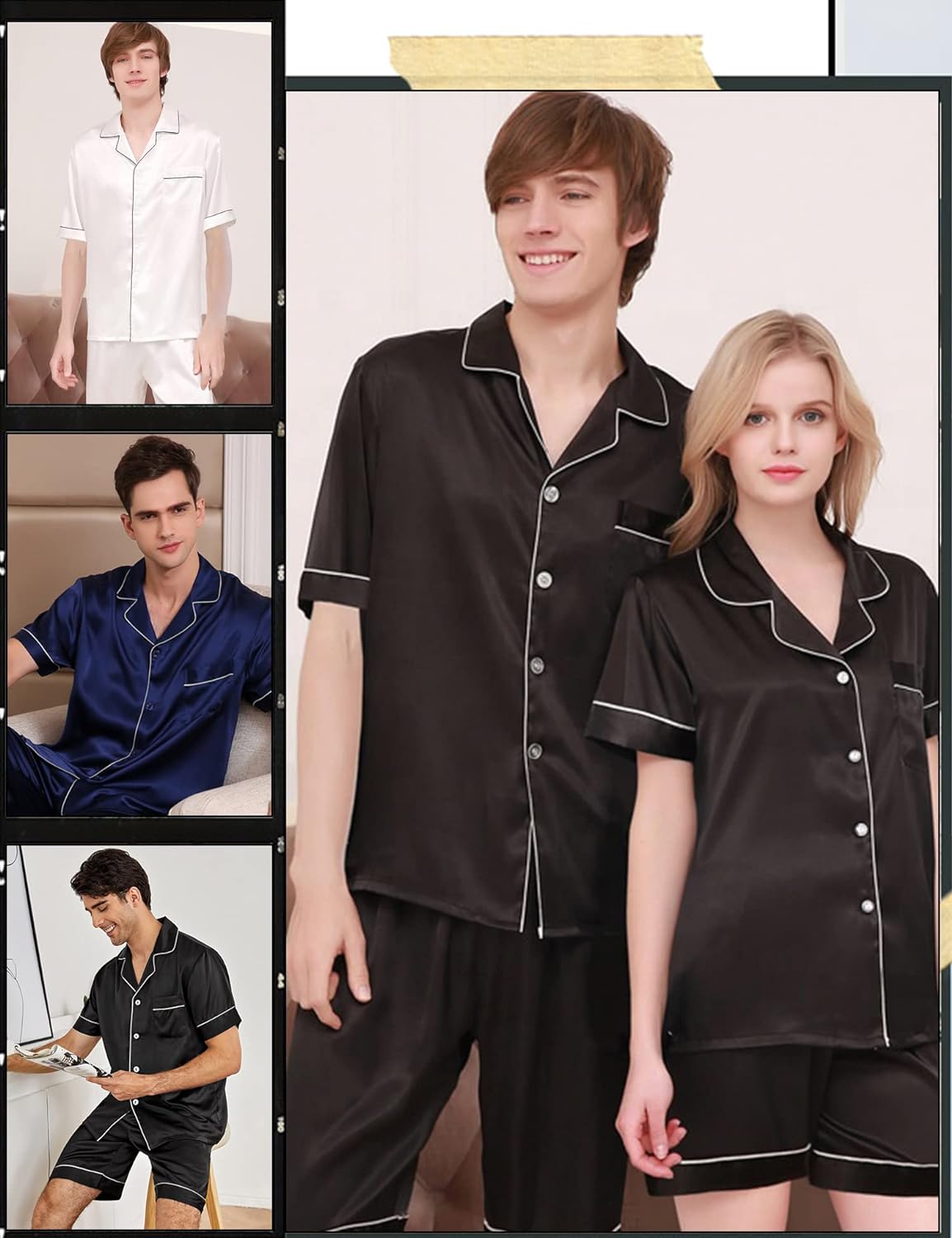 SWOMOG Satin Matching Pajamas Sets Couple Silk Button Down Nightwear Short Sleeve Sleepwear 2 Pieces Loungewear with Shorts