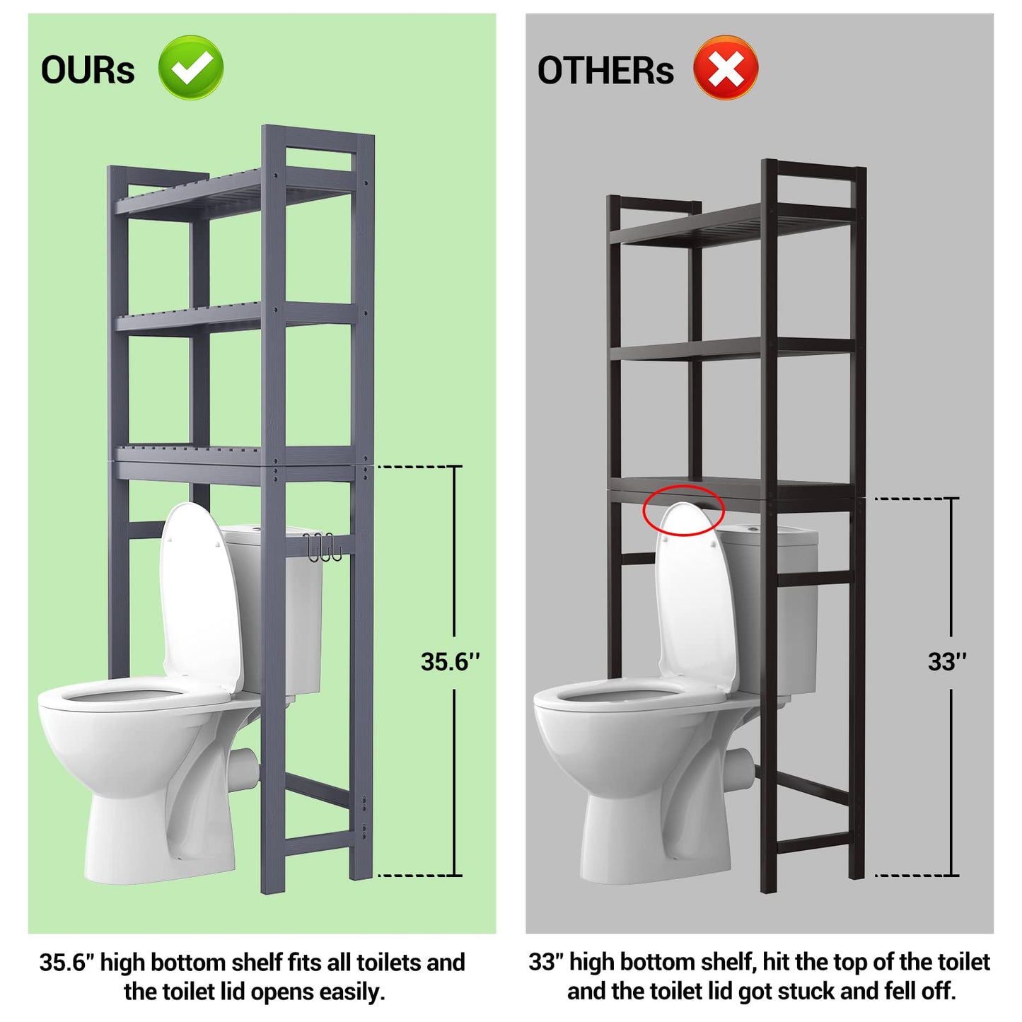 Homykic Over The Toilet Storage, Bamboo 3-Tier Over-The-Toilet Space Saver Organizer Rack, Stable Freestanding Above Toilet Stand with 3 Hooks for Bathroom, Restroom, Laundry, White