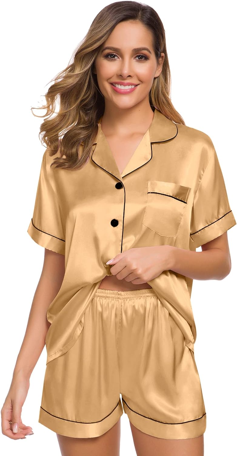 SWOMOG Womens Silk Satin Pajamas Set Two-piece Pj Sets Sleepwear Loungewear Button-Down Pj Sets