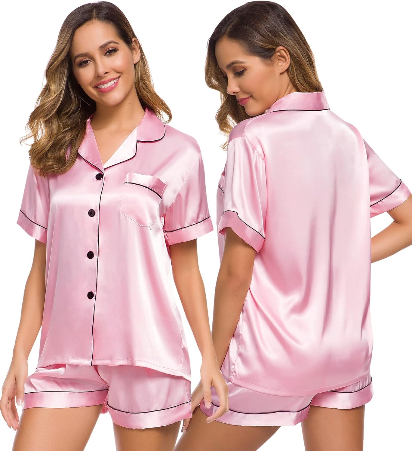 SWOMOG Womens Silk Satin Pajamas Set Two-piece Pj Sets Sleepwear Loungewear Button-Down Pj Sets