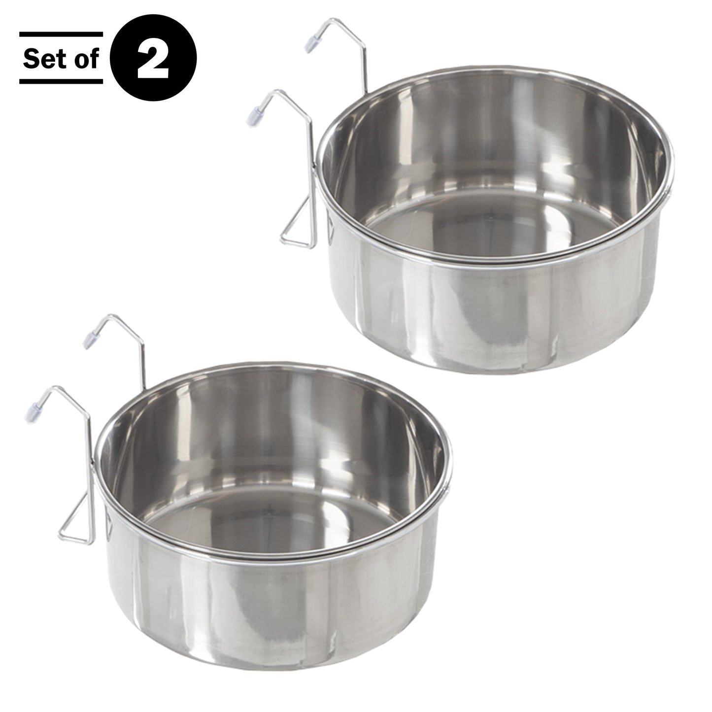 Set of 2 Stainless-Steel Dog Bowls - Cage, Kennel, and Crate Hanging Pet Bowls for Food and Water - 8oz Each and Dishwasher Safe by PETMAKER, Silver