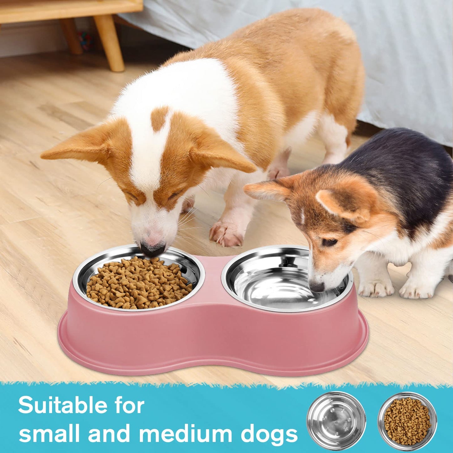 Dog Bowls Double Dog Water and Food Bowls Stainless Steel Bowls with Non-Slip Resin Station, Pet Feeder Bowls for Puppy Medium Dogs Cats