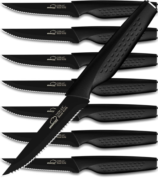 Steak Knives, Steak Knives Set of 8, Stainless Steel Steak Knife Set, Serrated Steak Knives Dishwasher Safe, Elegant Black