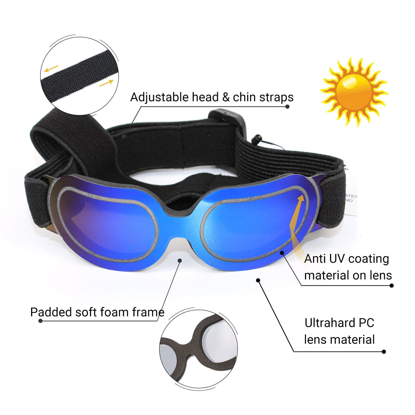 ENJOYING Dog Sunglasses Small Dog Goggles Anti-UV Doggy Glasses for Small Dogs Big Cats Impact/Wind/Dust/Fog Proof Puppy Eye Protection, Cool Blue