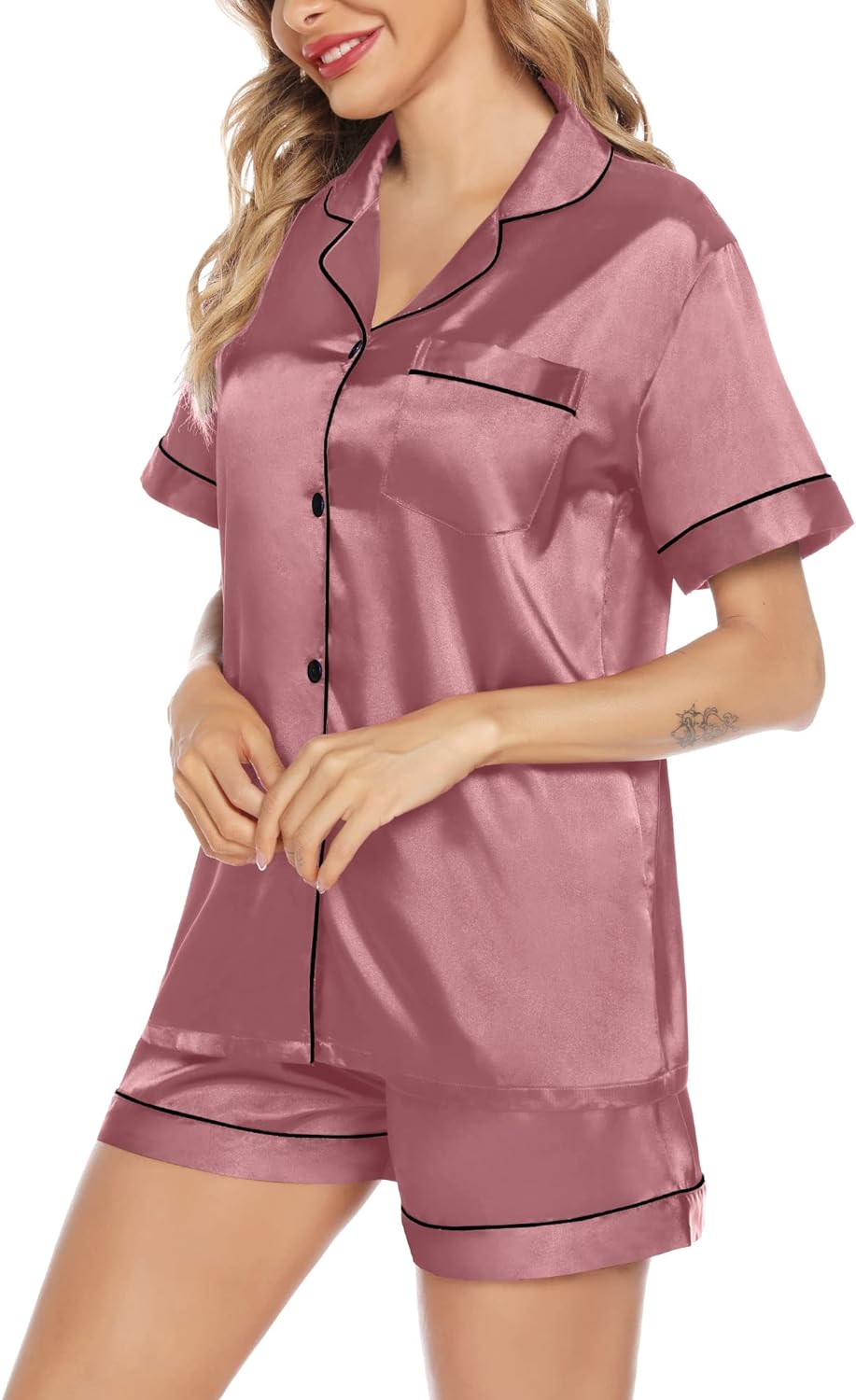 SWOMOG Satin Matching Pajamas Sets Couple Silk Button Down Nightwear Short Sleeve Sleepwear 2 Pieces Loungewear with Shorts