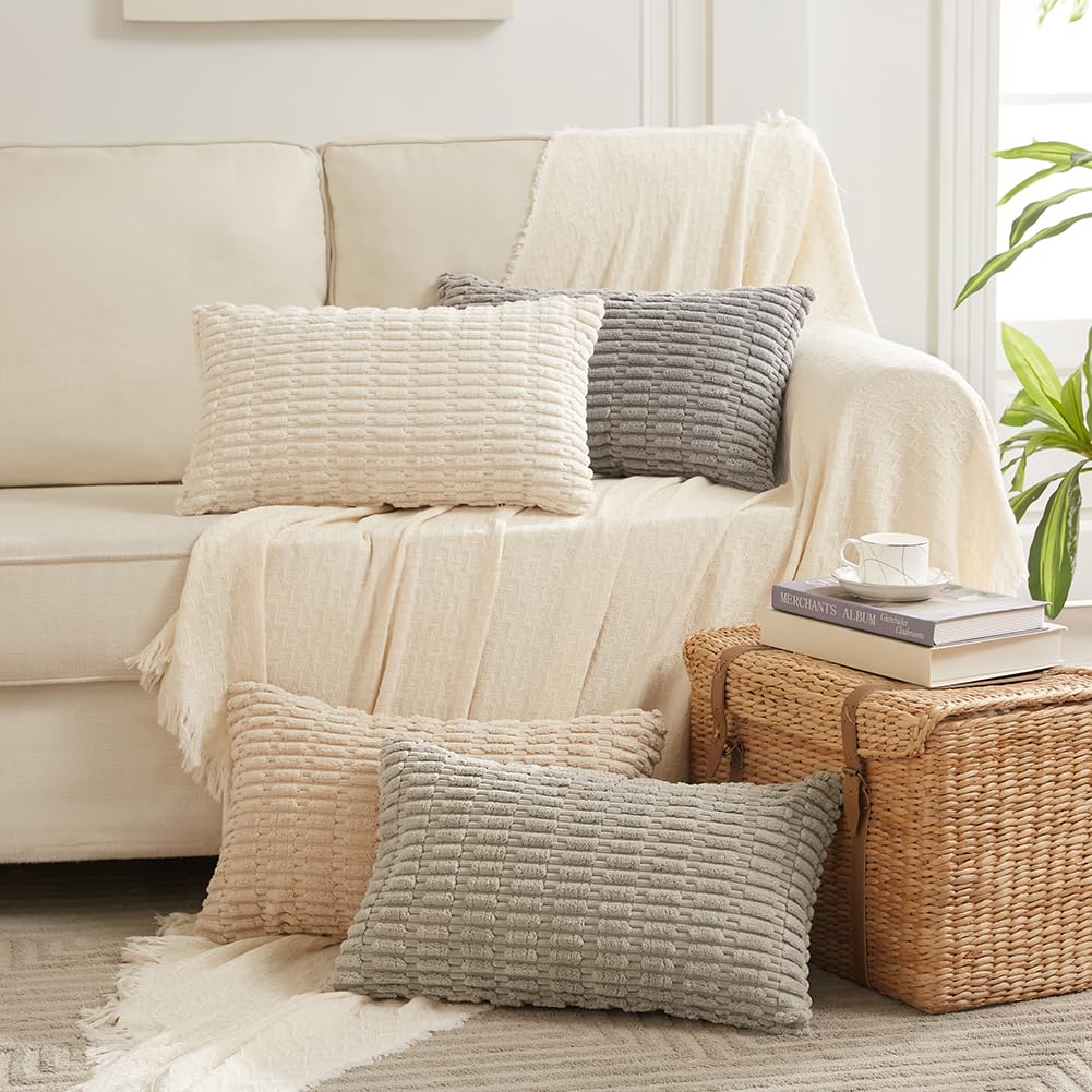 Fancy Homi 4 Packs Neutral Decorative Throw Pillow Covers 18x18 Inch for Living Room Couch Bed Sofa, Rustic Farmhouse Boho Home Decor, Soft Plush Striped Corduroy Square Cushion Case 45x45 cm