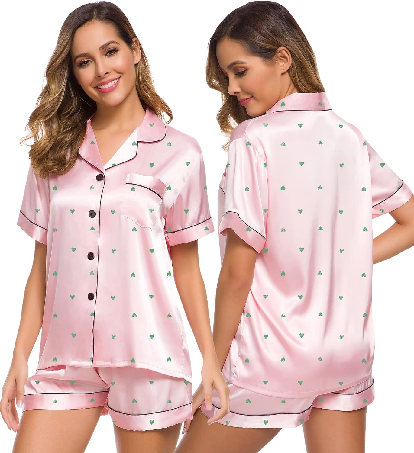 SWOMOG Womens Silk Satin Pajamas Set Two-piece Pj Sets Sleepwear Loungewear Button-Down Pj Sets