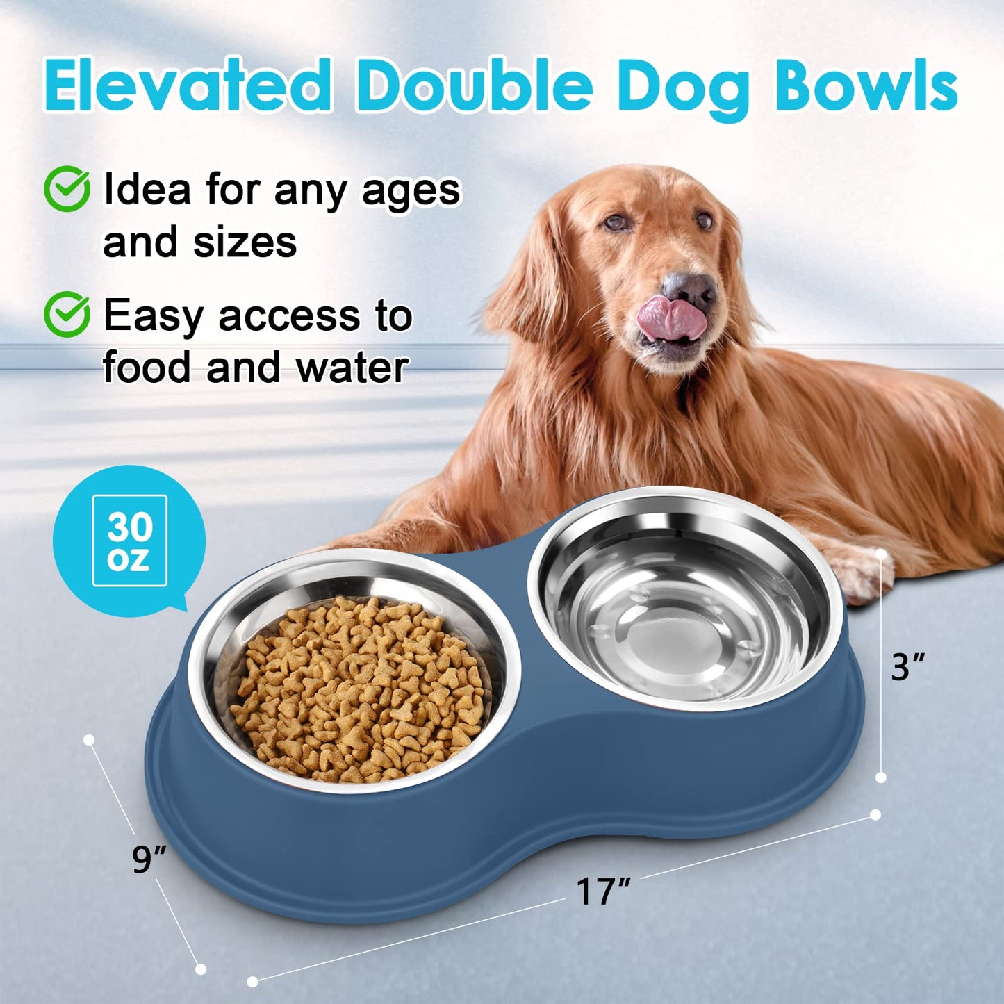 Dog Bowls Double Dog Water and Food Bowls Stainless Steel Bowls with Non-Slip Resin Station, Pet Feeder Bowls for Puppy Medium Dogs Cats