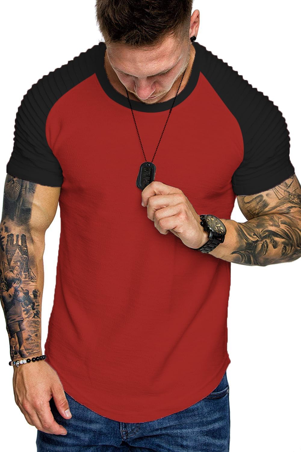 COOFANDY Men's Muscle T-Shirt Pleated Raglan Sleeve Bodybuilding Gym Tee Short Sleeve Fashion Workout Shirts Hipster Shirt