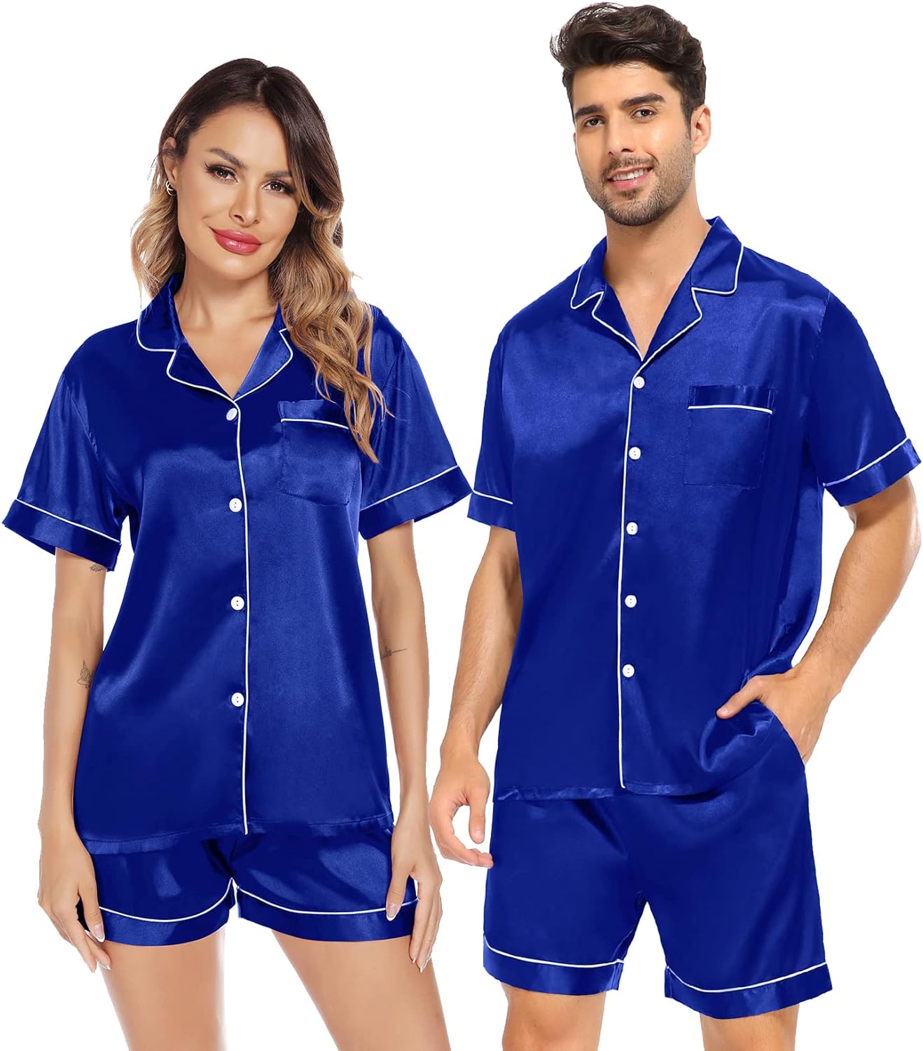 SWOMOG Satin Matching Pajamas Sets Couple Silk Button Down Nightwear Short Sleeve Sleepwear 2 Pieces Loungewear with Shorts