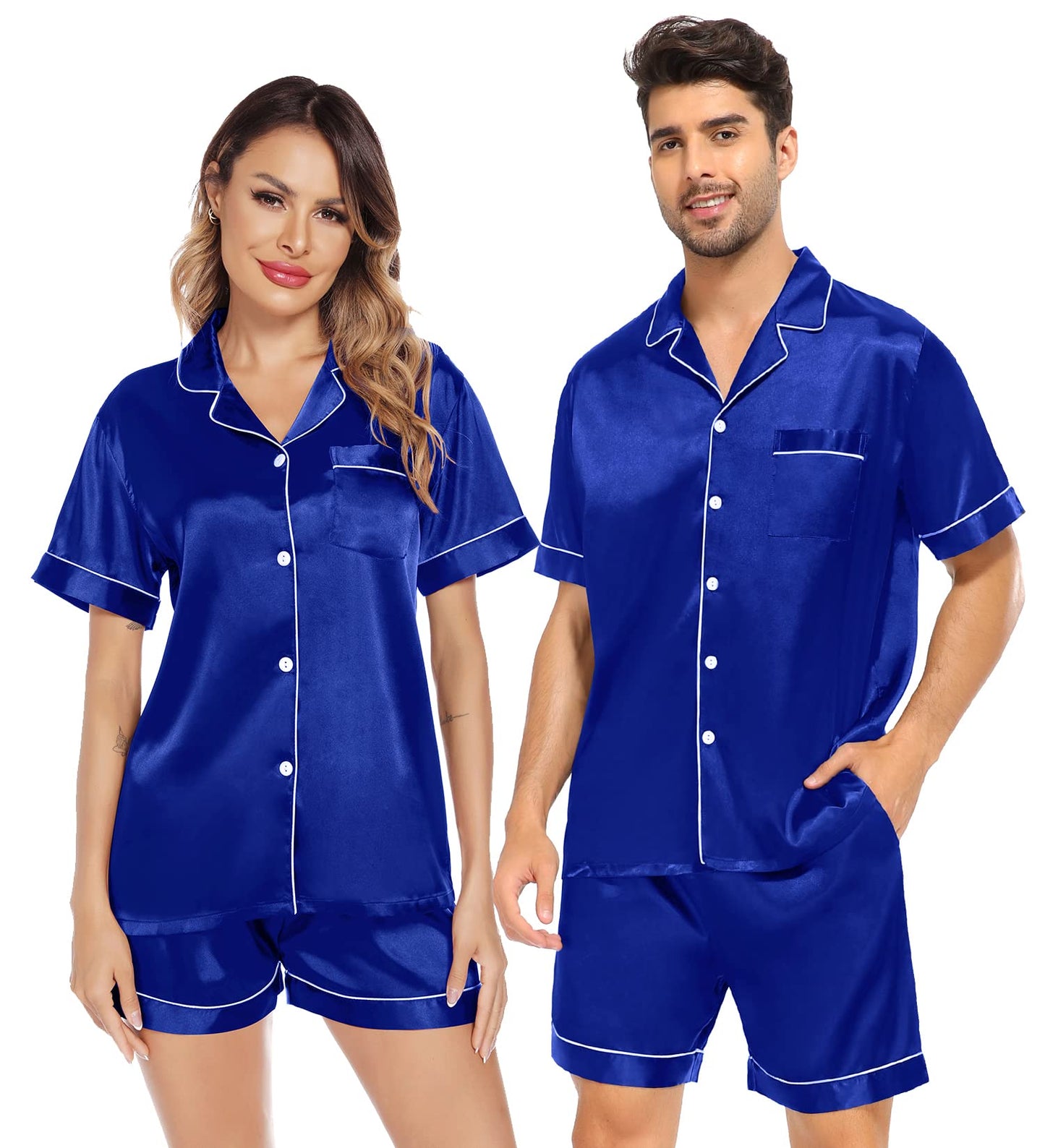 SWOMOG Satin Matching Pajamas Sets Couple Silk Button Down Nightwear Short Sleeve Sleepwear 2 Pieces Loungewear with Shorts