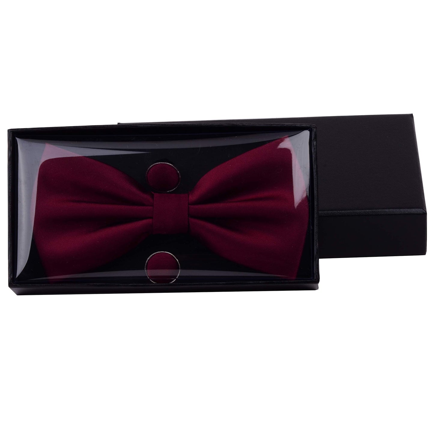 GUSLESON Mens Solid Color Double Fold Pre-tied Bow Tie and Pocket Square Cufflink Set with Gift Box