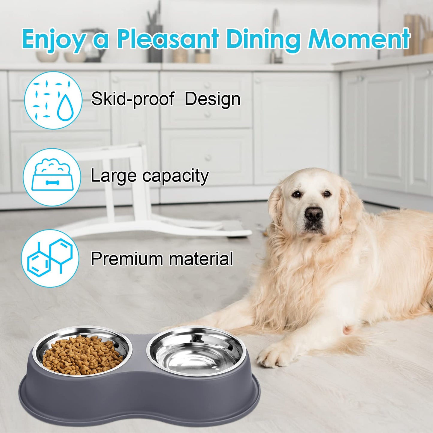 Dog Bowls Double Dog Water and Food Bowls Stainless Steel Bowls with Non-Slip Resin Station, Pet Feeder Bowls for Puppy Medium Dogs Cats