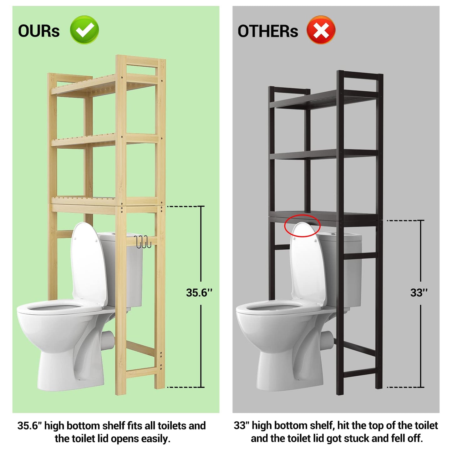 Homykic Over The Toilet Storage, Bamboo 3-Tier Over-The-Toilet Space Saver Organizer Rack, Stable Freestanding Above Toilet Stand with 3 Hooks for Bathroom, Restroom, Laundry, White