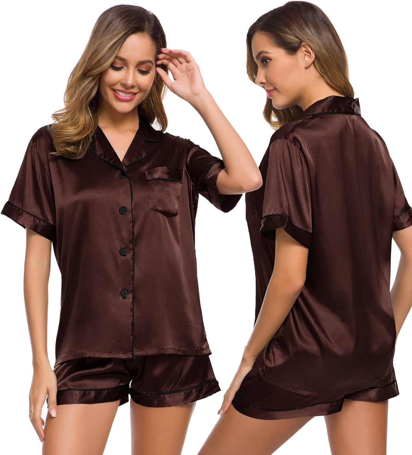 SWOMOG Womens Silk Satin Pajamas Set Two-piece Pj Sets Sleepwear Loungewear Button-Down Pj Sets