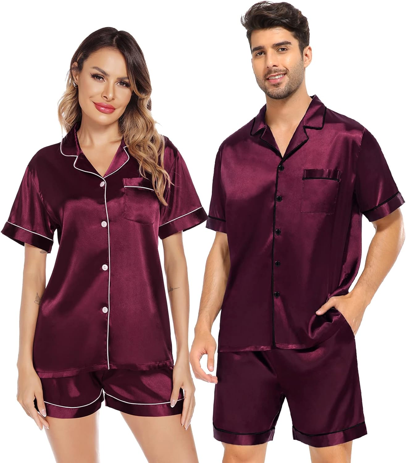 SWOMOG Satin Matching Pajamas Sets Couple Silk Button Down Nightwear Short Sleeve Sleepwear 2 Pieces Loungewear with Shorts